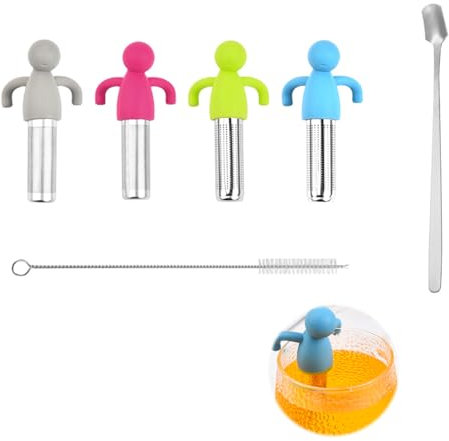 4 Stück Edelstahl Teefilter Teesieb, Humanoid Teesieb für Losen Tee, Teeei mit Löffel und Bürste, Kreatives Tee-Filter mit Silikongriff, Teefilterhalt Gewürzsieb für Tassenbecher, Teesieb Lustig