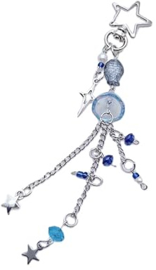 Maxtonser Porte-clés Long inspiré de l'océan avec décoration de méduses et de Poissons, Porte-clés Multifonctionnel, décorations de Pompons à la Mode, Boucle étoile Bleue 1