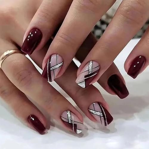 24pcs Medium Length Square False Nails Burgundy Stick on Nails Wine Red Glitter Silver Line Press on Nail Removable Glue on Fake Nail Art Accessories for Women