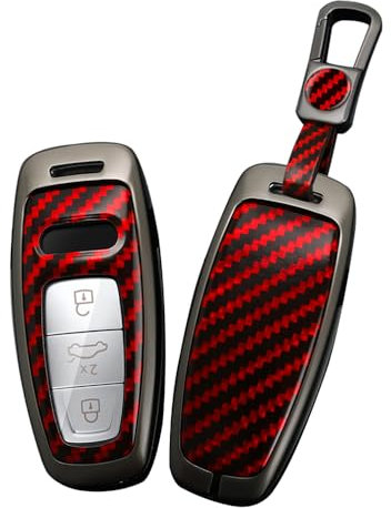 TECART Autoschlüssel Hülle Passt für Audi A4 A6 A7 A8 A6L A8L Q3 Q5 Q7 Q8 SQ5 SQ7 SQ8 S3 S4 S6 S7 R4 RS5 RS6 RS7 D5 C8 B9 R8 TT PVC Schlüsselanhänger Etui Keyless Go Schutz 3 Taste Kohlefaser B Rot