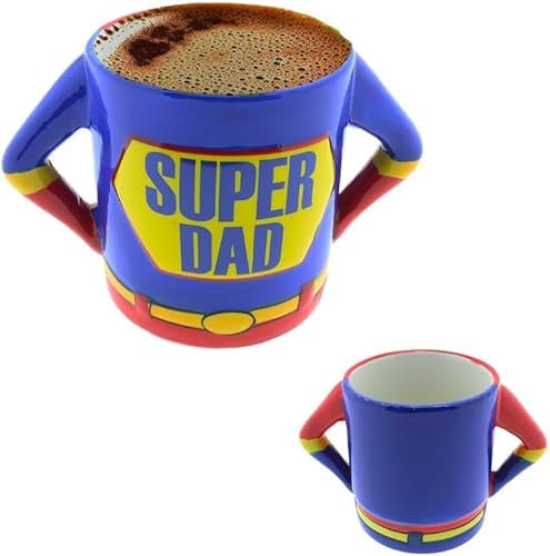 Avilia Taza Super Dad 450 ml de cerámica – Regalo para el Día del Padre, tema de superhéroe rojo y azul, ideal para té y café, diseño heroico con brazos y asas