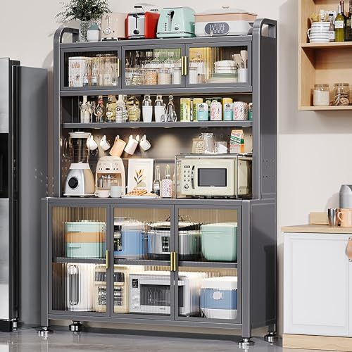 JCSRYD Alacena de Cocina Gabinete de Almacenamiento de Cocina de 5 Niveles, Mueble Microondas con Puerta Abatible y Tablero Perforado, para Cocina, Comedor, Sala de Estar (Color : Gris, Size : 140cm