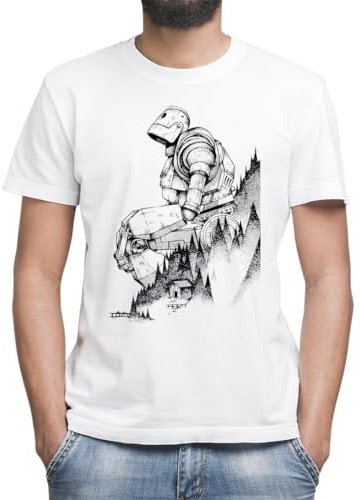Moonai Iron Giant Robot in Forest Men's Classic T-Shirt Crew Neck Short Sleeves, white, L