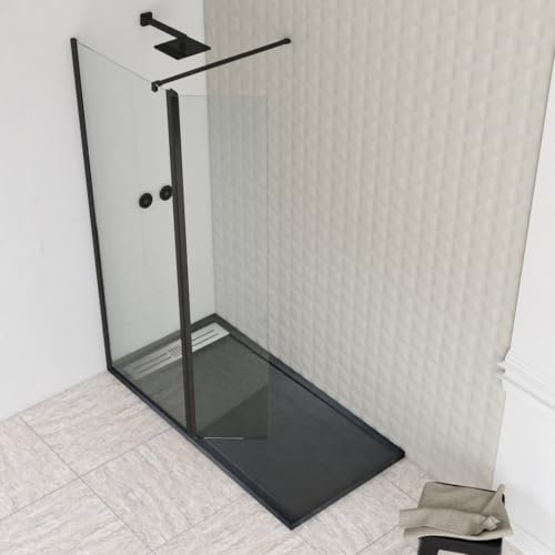 NEBADOON | Mamparas de Ducha Fija con Cristal Abatible - Mampara Ducha Fija - Cristal templado 8 mm - Antical - Perfilería Negro Mate - 60 cm (Fijo) + 40 cm (Abatible) Ancho x 200 cm Alto