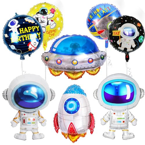8 Pezzi Palloncini Astronauta, Giganti Palloncini Foil Navicella Spaziale, Palloncini Foil Rotondi Astronauta, XXL Palloncini Razzo per Bambini Tema Spaziale Feste Compleanno Decorazioni