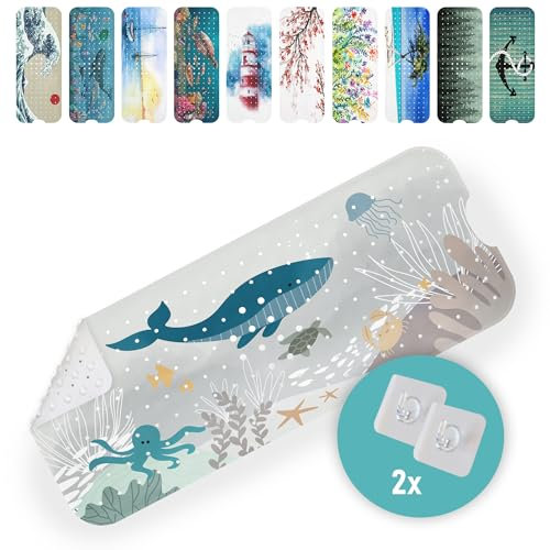 arteneur® - Badewannenmatte 100x40 cm Wasserwelt Grau | Badematte rutschfest | Inkl. Aufhängung | Schimmelresistent | Maschinenwaschbar | BPA frei | Antirutschmatte Badewanne & Badewannenmatte Kinder