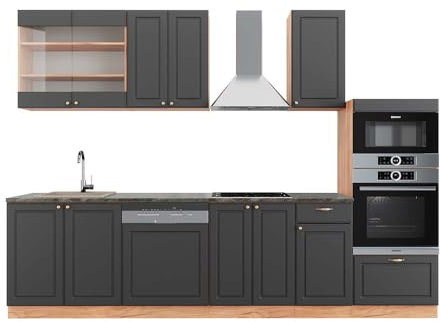Vicco Küchenzeile Fame-Line, Anthrazit Landhaus/Goldkraft Eiche, 300 cm mit Hochschrank, AP Anthrazit