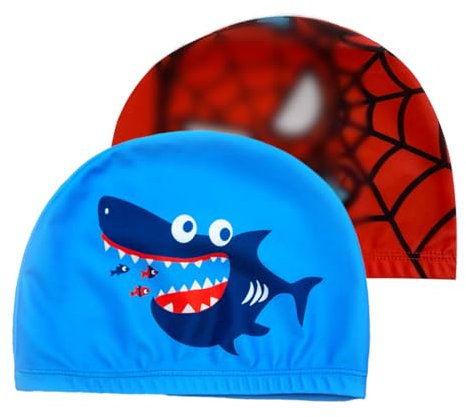 WBZOWRB 2 Pezzi Cuffia Piscina Bambino, Cuffie Piscina Bambini, Cuffia Da Nuoto Per Bambini, Cuffia Piscina Per Bambini - Cuffia Nuoto Per Bimbino Ragazzi Ragazze Età 4-10(Squalo Uomo Ragno)