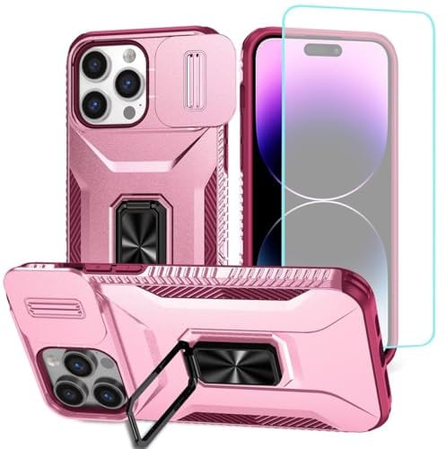 Wanyuexes Case for iPhone 14 Pro Max Case, Apple 14 Pro Max Case with Tempered Glass Screen Protector and Slide Camera Cover, Rotated Ring Car Mount Holder Phone Cover for iPhone 14 Pro Max Pink Wine