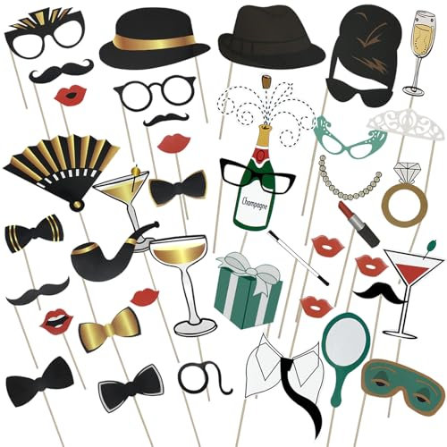 HANIUTTY 40 Stück Foto Requisiten Hochzeit, Party Photo Booth Props Fotobox Requisiten Utensilien Für Fotobox Accessoires Hochzeit Geburtstag für Abschlussball Neujahr Party Zubehör Mischung