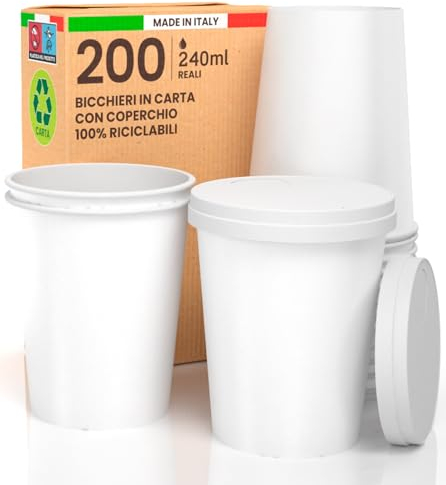 200 Bicchieri Caffè da ASPORTO in Carta Bianchi 240ml con 200 Coperchi in Carta con Beccuccio Bevande Fredde e Calde Tè Infusi Acqua Cappuccino Ecologici Biodegradabili Tazze Monouso Made in Italy