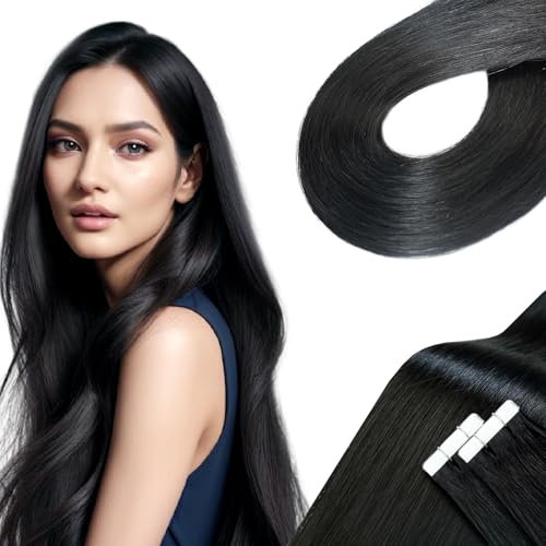 Qingliang Tape Extensions Echthaar,Invisible Tape in Extensions Echthaar Seidig Gerade Remy Tape Haarverlängerungen Echte Menschliches Haar 16Zoll 40cm 20 Stück 50g(Off Schwarz,40cm)
