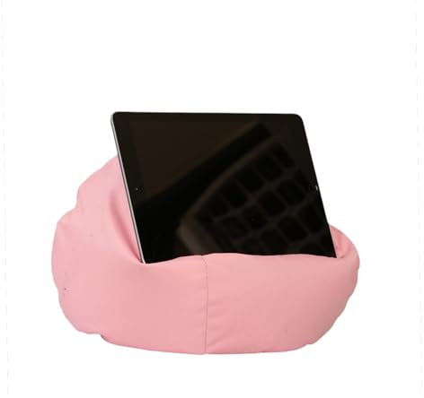 Crescent Textile iPad, eReader & Book Mini Bean Bag Cushion Holder for All Devices & Any Angle on Any Surface Soft Pillow Lap Stand, Handy Side Pocket Portable Bean Bag (Pink)