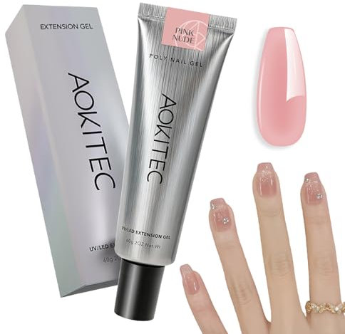 Aokitec HEMA Free Nude Pink Poly Nail Gel - 60g Poly Gel for Natural-Looking Nail Extension & Strengthen 3D Molding French Manicure Builder Overlays Gel Nail Art Home DIY Salon Use