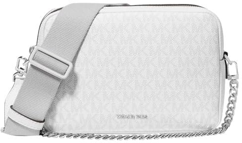 Michael Kors Bryant Damen Kamera-Crossbody-Tasche mit doppeltem Reißverschluss, Größe M, Optic White/Allum, Optic White/Allum