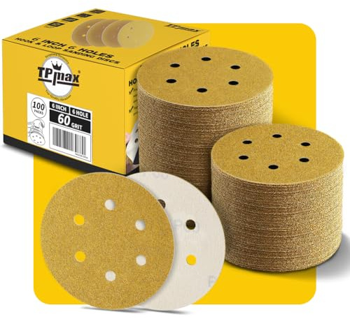 100PCS 150mm 60 Grit 6 inch 6 Hole Sanding Discs Sandpaper - Premium Gold Round Hook and Loop for Random Orbital Sander - Ideal for Wood, Metal, Automotive
