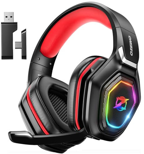 Ozeino Wireless Gaming Headset for PC, Ps5, Ps4-2.4GHz Lossless Audio USB & Type-C Ultra Stable Gaming Headphones with 40Hr Battery Gamer Headset for Switch, Laptop, Mobile, Mac(Red)