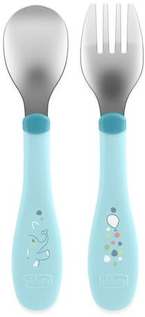 Chicco Posatine Inox, Posate Bambini, Set Pappa, Forchetta e Cucchiaio per Bambini, in Acciaio Inossidabile, Facili da Impugnare, Set Svezzamento Prima Pappa, 2 Pezzi, 18M+, Azzurro