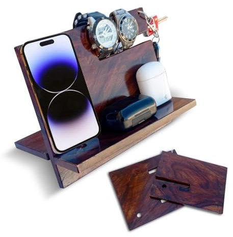 SHOPUKASA Wooden Phone Stand | Docking Station | Nightstand Organizer | Valet Tray for Men | Bedside Table | Birthday Gift for Husband, Dad | Watch & Key Holder – (Walnut)