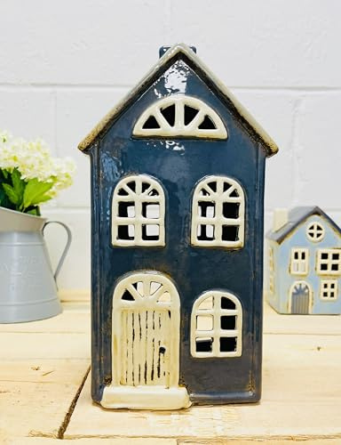 Tealight Candle Holder Housewarming Gift Cottage Ceramic Village Pottery House Ornament (Large Blue House (26cm x 14cm))