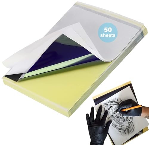 Rayyl 50 Hojas Papel Transfer Tattoo, A4 Papel Hectografico Tattoo Transfer Paper Accesorios de Tatuaje, Ideal para Impresora Tatuajes y Diseño DIY