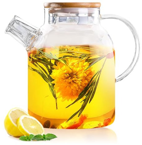 Tetera con tapa de madera, 1800 ml, tetera de vidrio borosilicato, robusta, resistente al calor, tetera transparente con colador, moderna tetera de vidrio grueso para té suelto, té perfumado de frutas