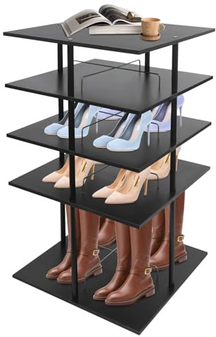 Drehbares Schuhregal 360°, 4 -Stöckiger Schuhschrank mit Großer Kapazität, Platzsparendes Rechteckig Schuhkarussell für Flur, Schlafzimmer, Eingang, 17.5kg Tragfähigkeit, Schwarz