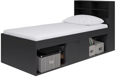 Single, Kids Teenager Cabin Storage Bed with Bookcase Headboard (Black)