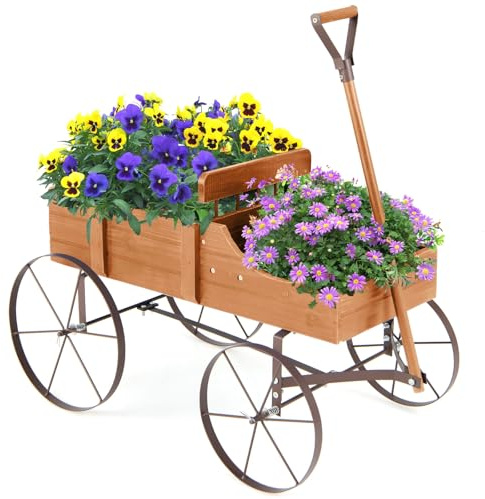 COSTWAY Blumenständer Holzwagen, Pflanzwagen Blumenwagen mit Rädern aus Metall, Blumenkasten Pflanzenständer für Garten und Terrasse, 62x34x60cm (Orange)