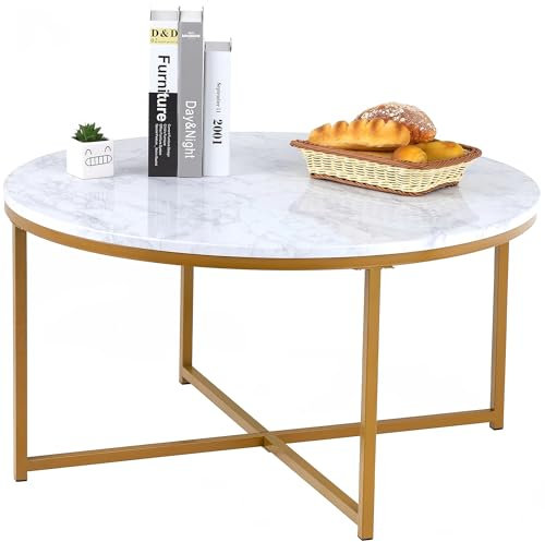 ADOV Tavolino da caffè rotondo, tavolini da caffè per soggiorno, tavoli da salotto in finto marmo con struttura in metallo e gambe in metallo resistente, tavolino in stile moderno per piccoli spazi e