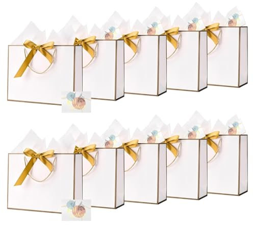 Large Gift Bags for Present - 10 Pcs White Gift Bags with Bows for Birthday, Wedding, Baby Shower, Party, Anniversary, Holiday and Christmas
