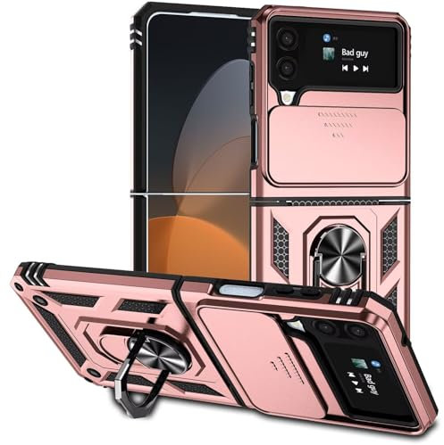 Cover per Samsung Galaxy Z Flip 3, Custodia Militare AntiGraffio + Cavalletto in Metallo Rotante a 360°, Antiurto Custodia con Slidable Fotocamera Proteggi, Oro Rosa