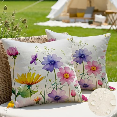 JANGYUHH 2er Set Outdoor Kissen Wetterfest Kissenbezug 45x45 cm Modern Farbe Blumen Dekokissen Sommer Lila Kissenbezüge für Garten Sofa Couch Wohnzimmer Schlafzimmer Doppelseitiges Muster