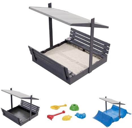 QLS Sandkasten aus Holz 150x150 cm mit Sitzbank Dach und Abdeckung imprägniert für Garten (Grau, 150 cm)