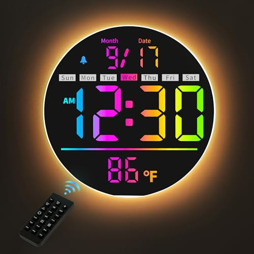 HAITANG Digitale Wanduhr Groß 20cm, Wanduhr mit Fernbedienung & RGB Farbwechsel, Autom,Helligkeit, Temperatur, Sommerzeit (DST), Wecker mit Werktags/Wochenend-Modus, Weiß Digitaluhr für Schlafzimmer