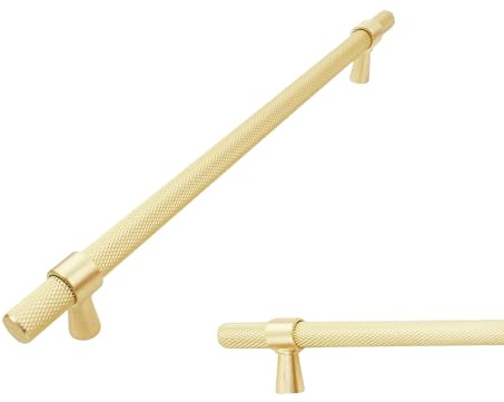 keypak 10 Pack Brsuhed Brass Knurled Kitchen Cupboard Handles, 224mm | Overall 278mm Aluminium T-Bar Pulls for Cabinet, Wardrobe Doors, Chest of Drawers
