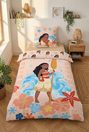 Vaiana Kinderbettwäsche 140x200 + Kissenbezug 65x65 100% Baumwolle Knöpfe | Wendebettwäsche Einzelbett | Naturbaumwolle atmungsaktiv Oeko-Tex | Disney | Mädchen | Knopfverschluss | Maschinenwaschbar