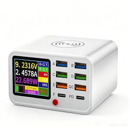 Desktop-Ladestation, 65 W/25 A 8-Port-Laptop-Ladegerät, USB-QC-3.0-Schnelllade-Hub für unterwegs mit LCD-Display und Qi-Wireless-Ladefläche für Smartphones und Tablets