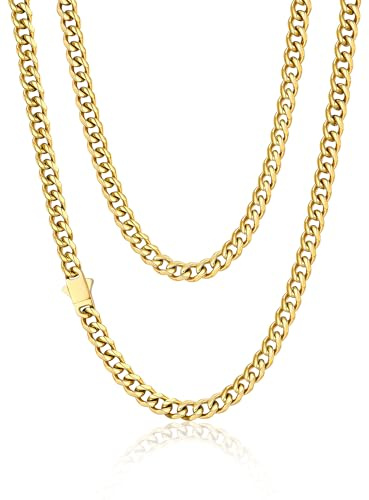 PROSTEEL Men Cuban Chain Necklace with Sturdy Clasp 6/9/12mm Width 18-30 Inch Length Chunky Necklace Silver/Gold Plated/Black 316L Stainless Steel Hip Hop Jewellery (Send Box)