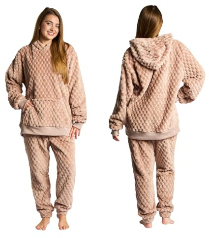 OHS Waffle Fleece Pyjamas for Women Hoodie Top and Full Length Bottom Pyjama Set Pullover Soft Warm Winter Pjs Set Two Piece Sleepwear Loungewear, Natural