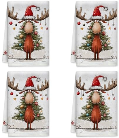 Elch-Küchentücher, festliche, fantasievolle Weihnachtsbaumschmuck, Weihnachtsdekoration, wiederverwendbar, Geschirrtücher zum Trocknen von Geschirr, Heimdekoration, 40,6 x 61 cm, 4 Stück