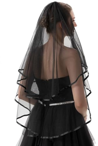 JYSNOW 60-80 cm Brautschleier, 2 stufiger Tüll Brautschleier mit Kamm, Schleier Ribbon Edge, für JGA Junggesellinnenabschied Hochzeit Schleier Hen Party