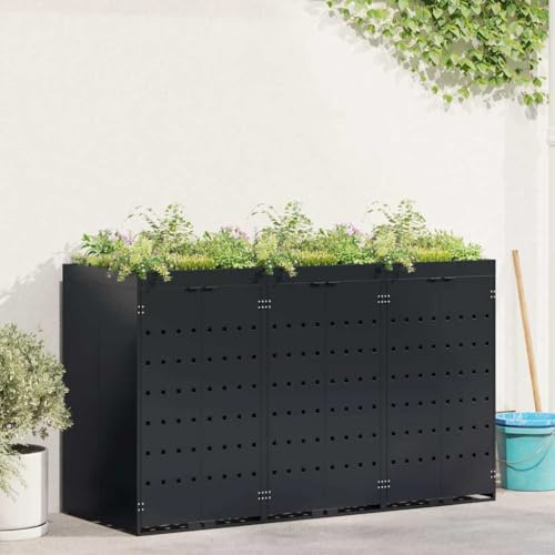 Amorsee Mülltonnenbox 3 Tonnen 120-240 Liter Tür inkl. Erweiterungsmöglichkeit Aufbewahrungsbox für Mülltonnen, Mülltonnenbox 3er Müllcontainer Con Pflanzen-Dach Schwarz