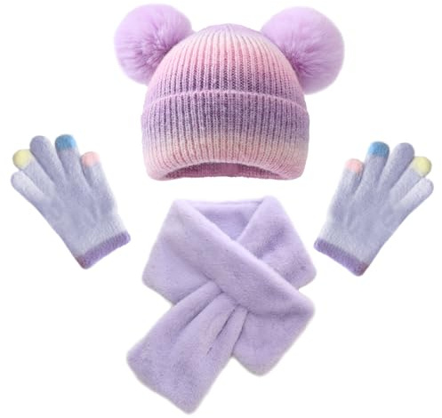 EDLMKM Girls Winter Hat Scarf Gloves Set 3 In 1, Winter Beanie Pompom Hat With Faux Fur Fleece Lining Scarf Knitted Gloves With Soft Fleece Lining For Girls Toddler Boys Children Age 4-10