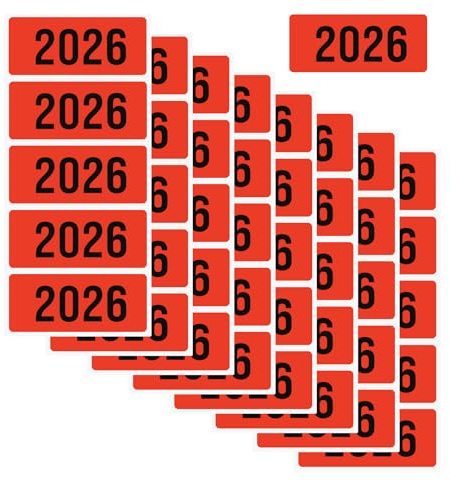200 Stück Jahreszahlen Aufkleber 2026, 6×2,5 cm Selbstklebende Jahreszahl Etiketten für Ordner, Unterlagen & Ablage – Jahreszahlen Aufkleber 2026 für Ordner (Rot)