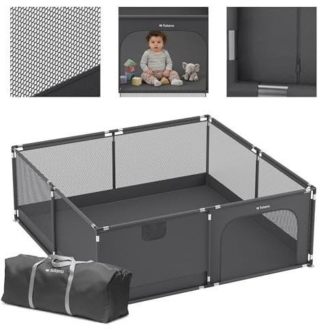 Tulano Cozy 28 Laufstall Baby 180x200 cm – Großes Laufgitter Baby | mit atmungsaktivem Netz – Sicherer Playpen für Innen und Außen – Stabiler Metallrahmen – Kindgerechte Materialien – Graphite