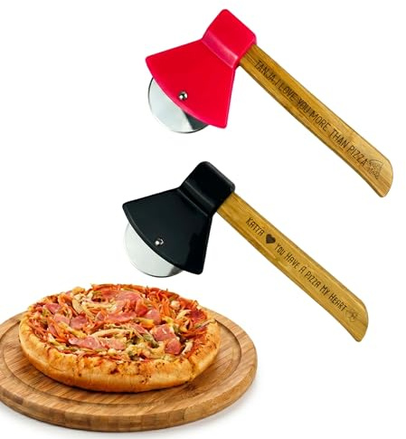 GYSLVTE Rotella tagliapizza a forma di ascia, manico in bambù inciso personalizzato, lama in acciaio inossidabile, nero o rosso, regalo unico