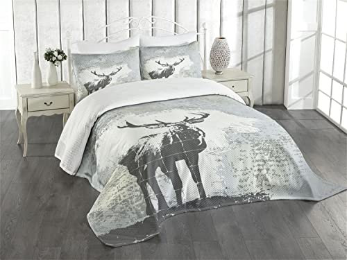 ABAKUHAUS Geweih Tagesdecke Set, Hirsch Silhouette Grunge, Set mit Kissenbezügen Waschbar, für Doppelbetten 220 x 220 cm, Schwarz Grau