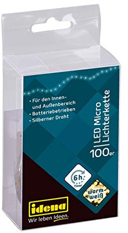 Idena 31225 - LED Micro Lichterkette mit 100 LED in warmweiß, mit 6 Stunden Timer Funktion, batteriebetrieben, ca. 10,2 m lange, für Partys, Weihnachten, Deko, Hochzeit, als Stimmungslicht