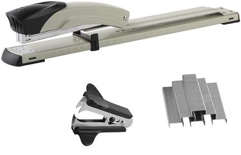 Long Reach Stapler,with 2000 Staples & Stapler Remover Full Strip,20-25 Sheet Capacity,with Built-in Ruler and Adjustable Locking Paper Guide, Gray